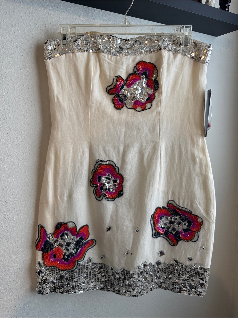 French Connection Ivory Strapless Mini Skirt with Pink Floral Appliqués